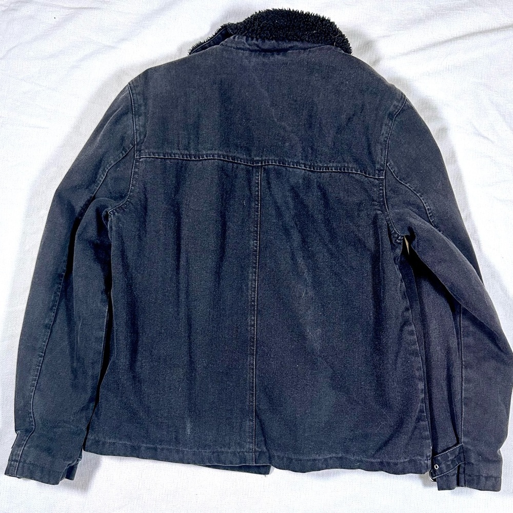 Asos Washed Denim Shearling Black Jacket Moto Biker Zip Up uk12 Large - Picture 3 of 5